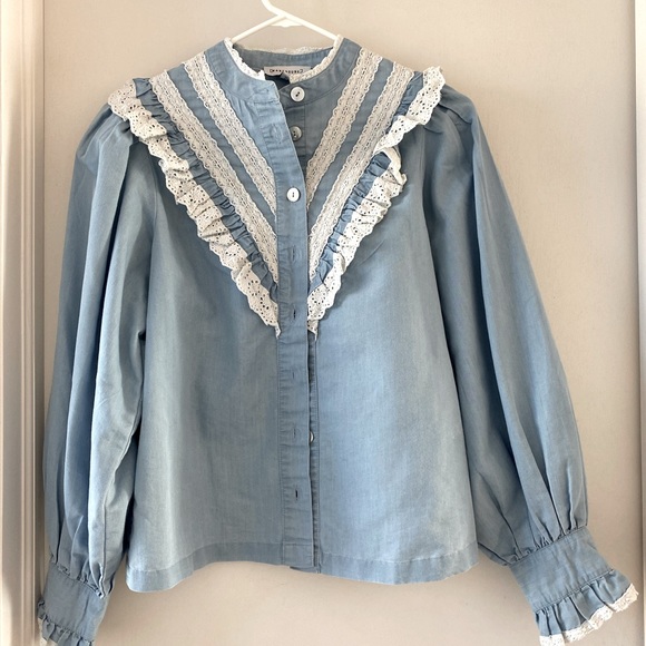 Warehouse UK Size 8 denim lace button up top - Picture 1 of 5